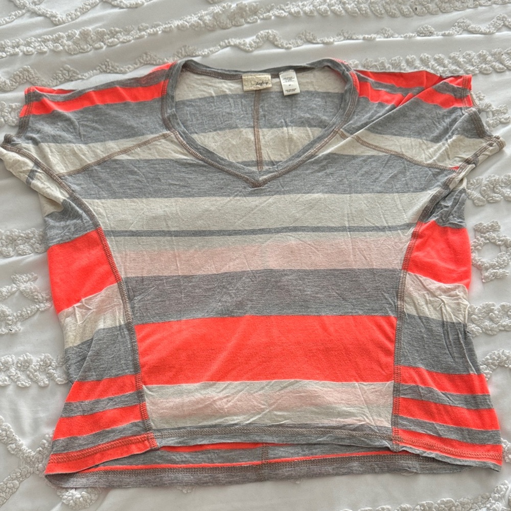 BKE Coral and Gray Striped V-Neck Tee